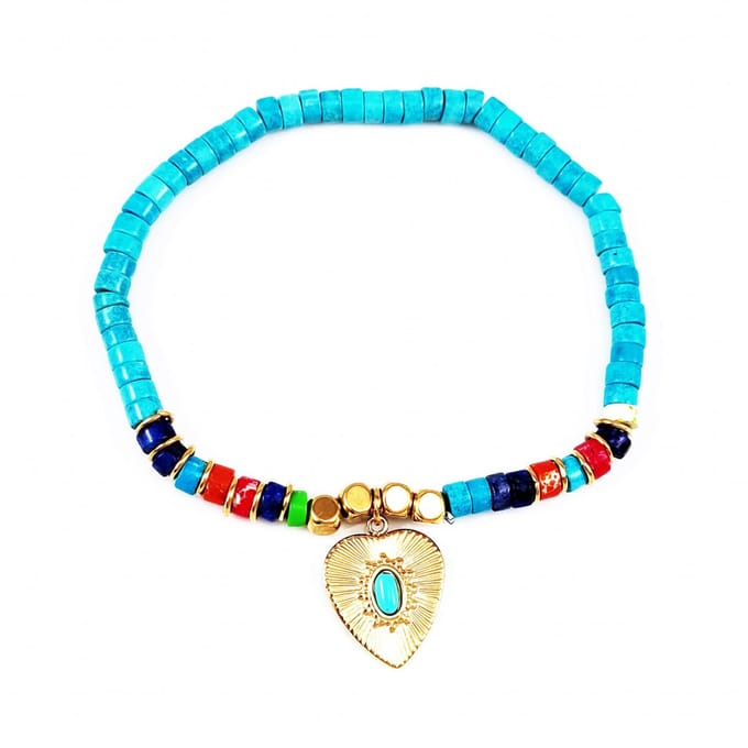 Dottilove Elastische Dames Armband Turkoois Natuursteen - Hart Hanger + Cadeauzakje