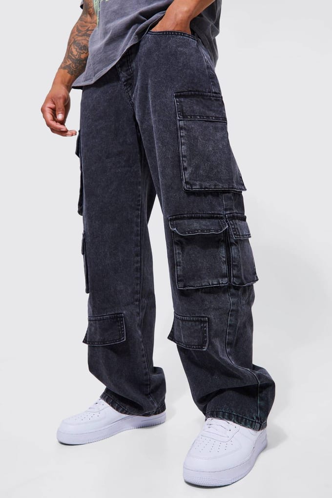 Relaxed Fit Acid Wash Cargo Jeans | Charcoal | Size 30R