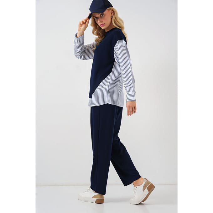 Gestreepte Lange Crew Neck Twee-Delige Coördineer Set