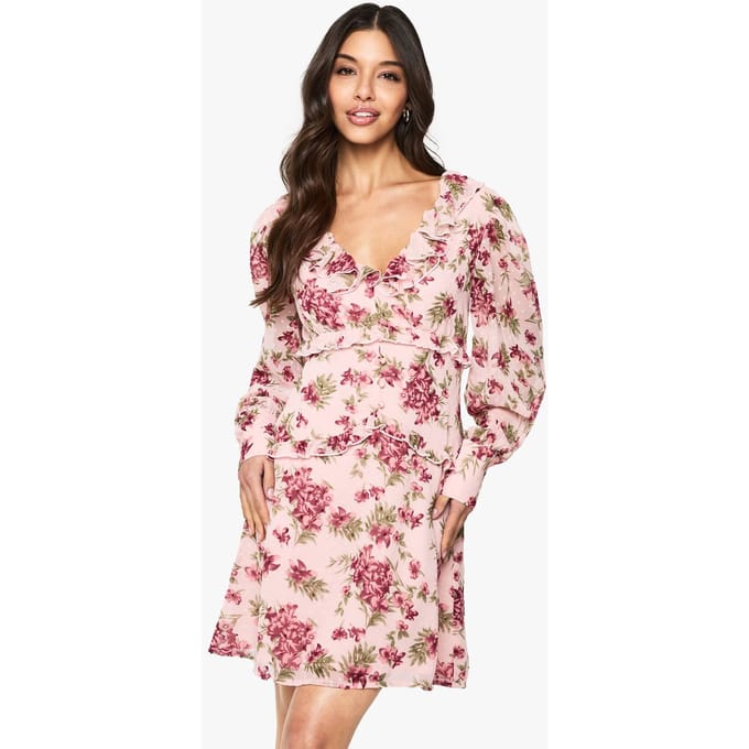 boohoo Dames Floral Chiffon Ruffle Mini Jurk | Pink | Maat: 8