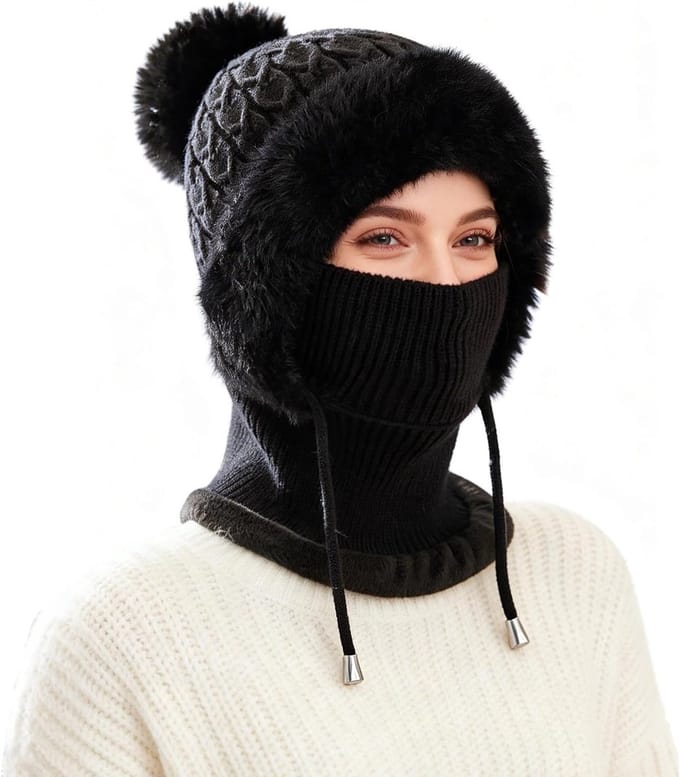Dames Thermische Fleece Balaclava, Winddicht Ski Masker en Multifunctionele Wintermuts met Nekwarmer en Hoed