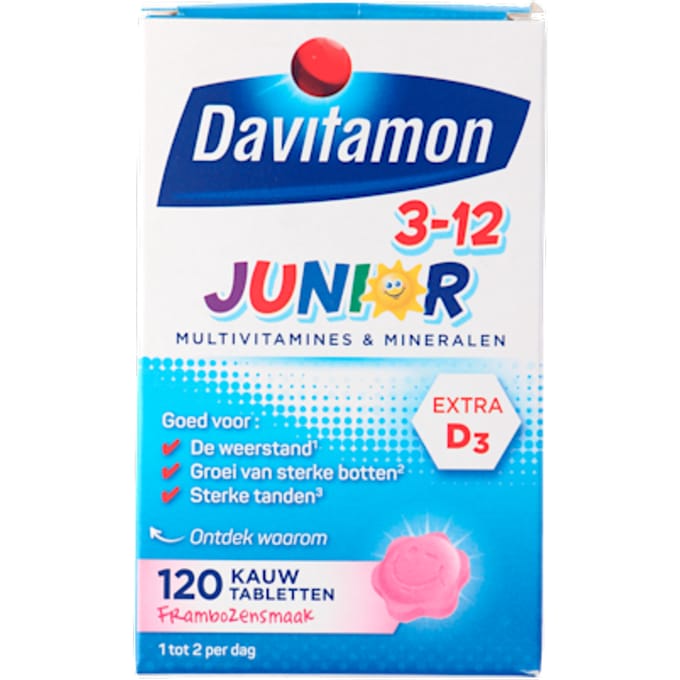Davitamon Junior 3+ kauwvitamines - multivitamine kinderen - framboos - 120 stuks