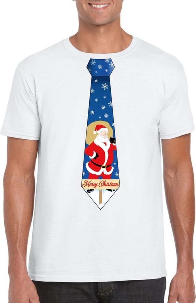 Foute Kersttrui t-shirt - voor heren - wit - met stropdas kerstman print - kerstdiner kleding - korte mouwen XL
