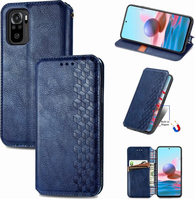 Luxe PU Lederen Ruitpatroon Wallet Case + Screenprotector voor Redmi Note 10 4G / Note 10S _ Blauw