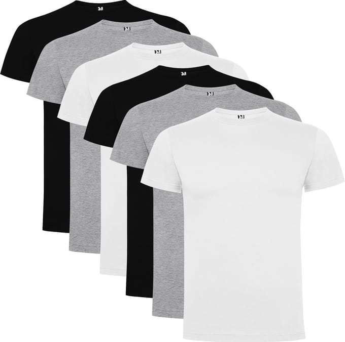 6 Pack Roly Atomic Basic T-Shirt 100% biologisch katoen Ronde hals Wit, Grijs, Zwart Maat M