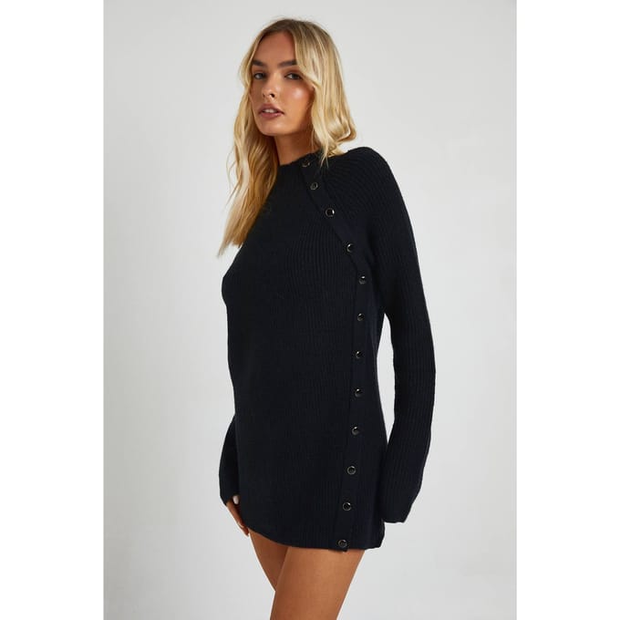 boohoo Dames Knopdetail Gebreide Mini Jurk | Black | Maat: Medium