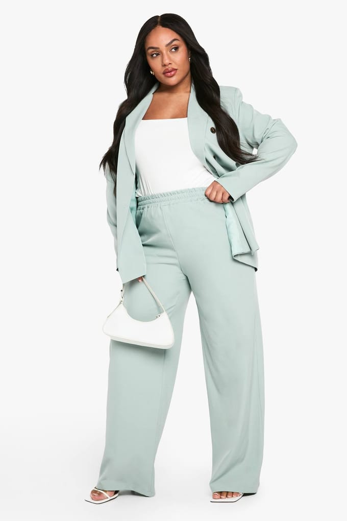 boohoo Dames Plus-geweven op maat gemaakte elastische broek met wijde pijpen | Sage | Maat: 16
