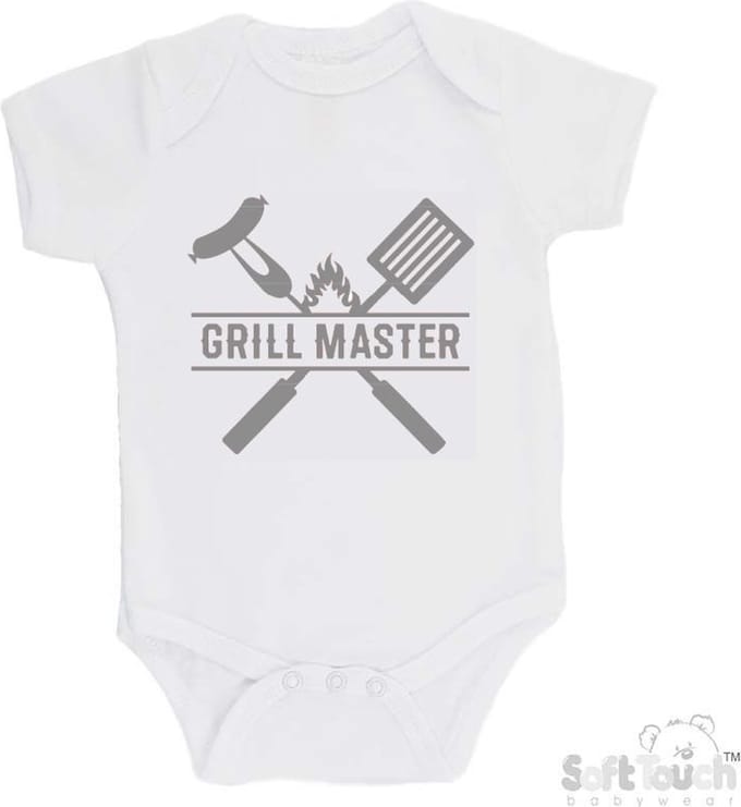 100% Katoenen Romper "Grill Master" Unisex Katoen Wit/grijs Maat 62/68