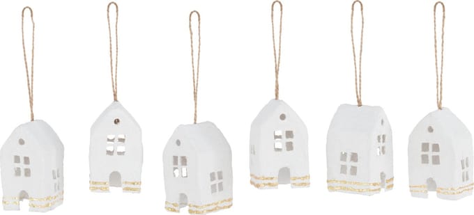 J-Line kersthanger Huis - katoen maché - wit/goud - doos van 6