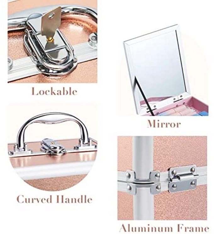 Cosmeticakoffer met spiegel en inklapbare plateaus - Oranje make-up organizer