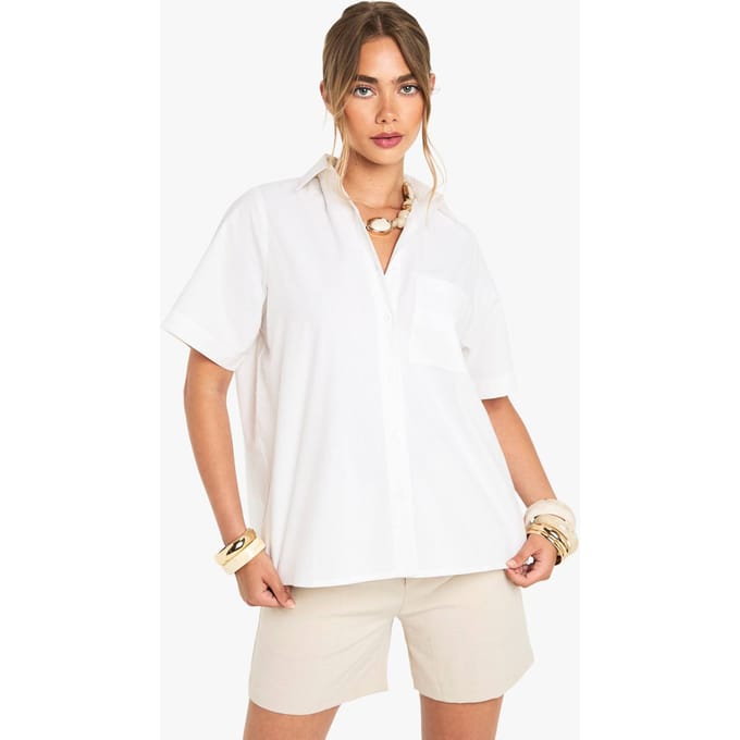boohoo Dames Katoenen popeline overhemd met korte mouwen | White | Maat: 10