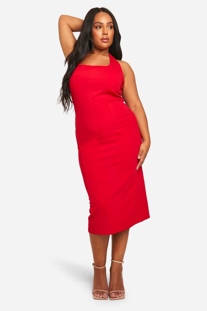 boohoo Dames Plus Halterneck Midi-jurk | Rood | Maat: 54