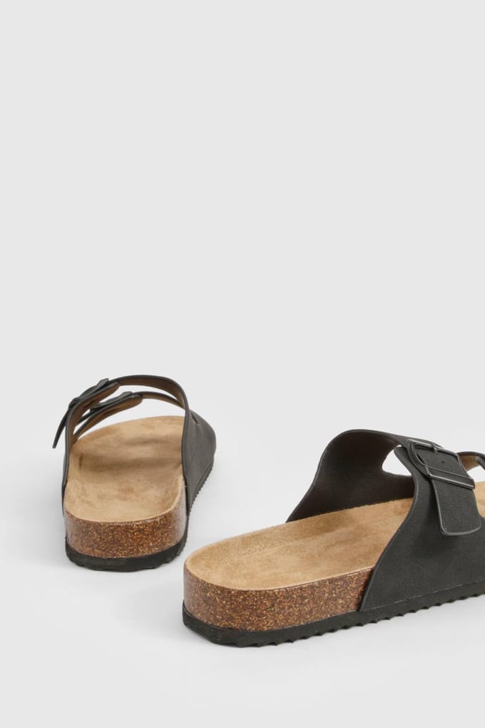 boohoo Dames Double Strap Footbed Buckle Sliders | Zwart | Maat: 37