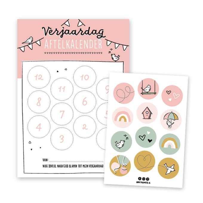 Thuismusje Aftelkalender Verjaardag - Roze - A4 formaat - inclusief 12 stickers