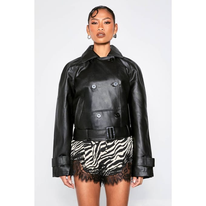 boohoo Dames Nepleeren korte trenchcoat | Black | Maat: 14