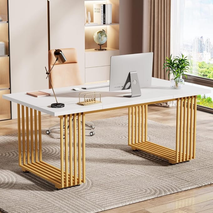 TRIBESIGNS - Computertafel - Bureau voor Thuiskantoor - Met Gouden Poten - Modern - Goud en Wit - 180 x 79 x 79 cm
