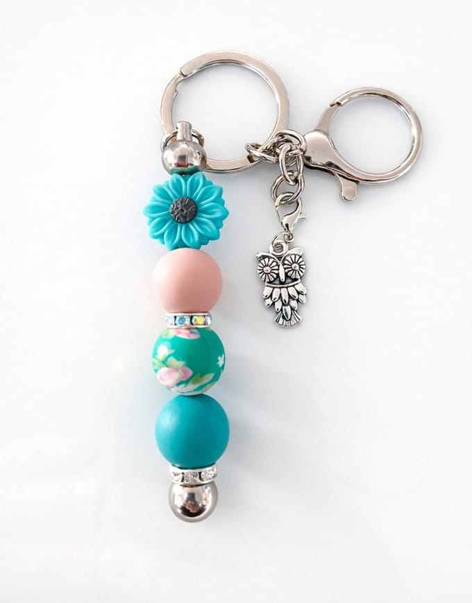 Sleutelhanger, tashanger met kralen | bloem, uil | teal, roze