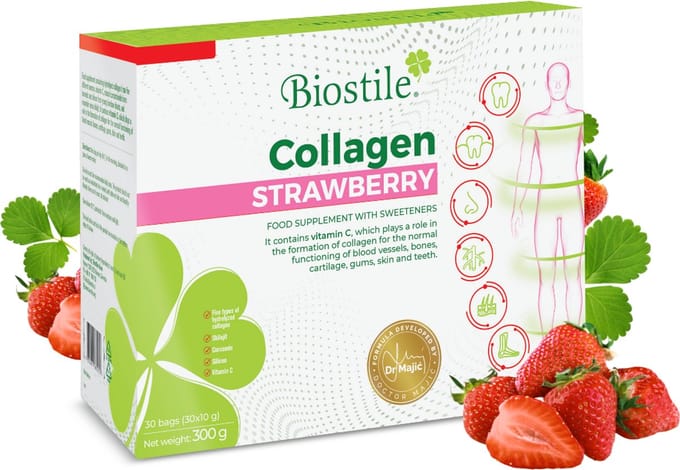 Biostile – Collageen Aardbei – 5 Bronnen van Gehydrolyseerd Collageen – Vitamine C – 30 Zakjes