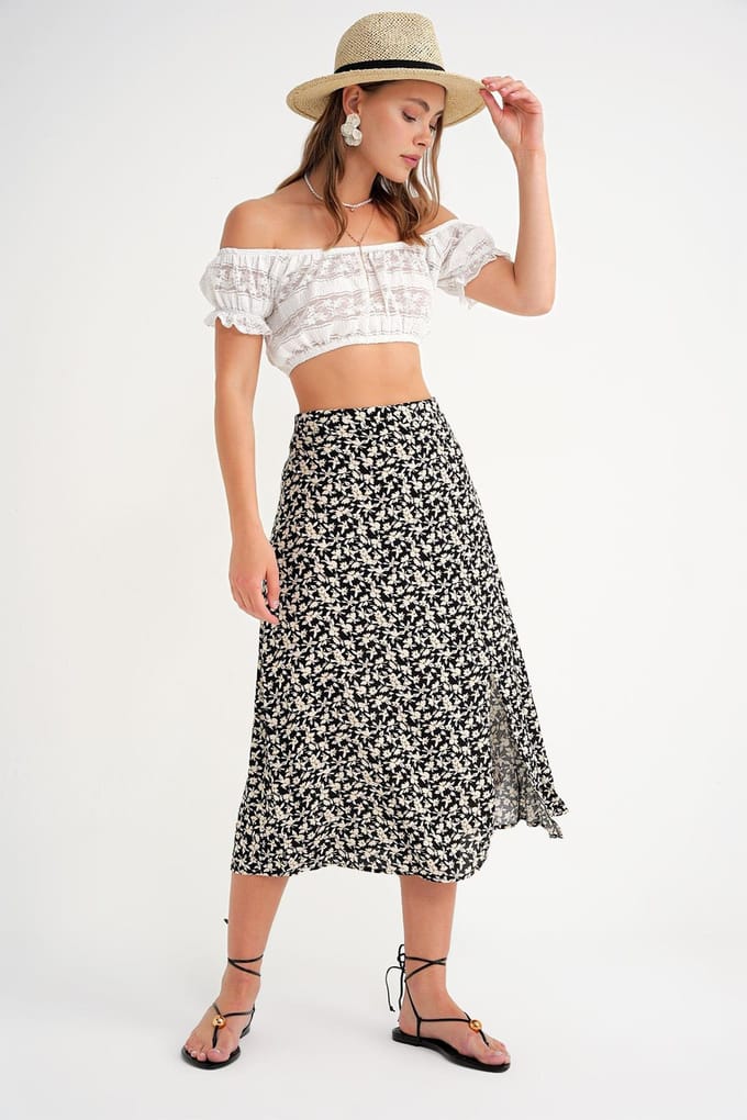 High-Waisted Bloemen Midi Rok