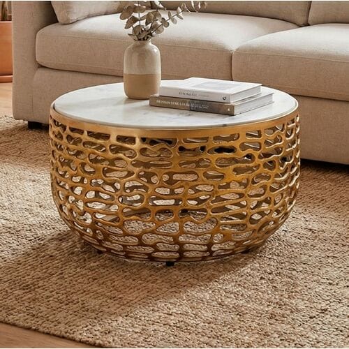 Salontafel metaal marmer wit 60 cm rond Wit