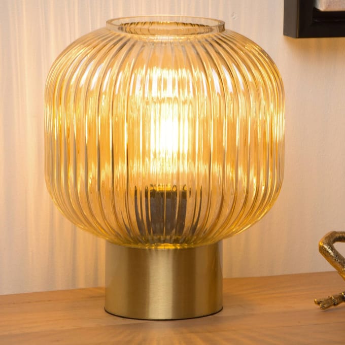 Lucide Maloto tafellamp van glas, amber/goud, Ø 20 cm, E27