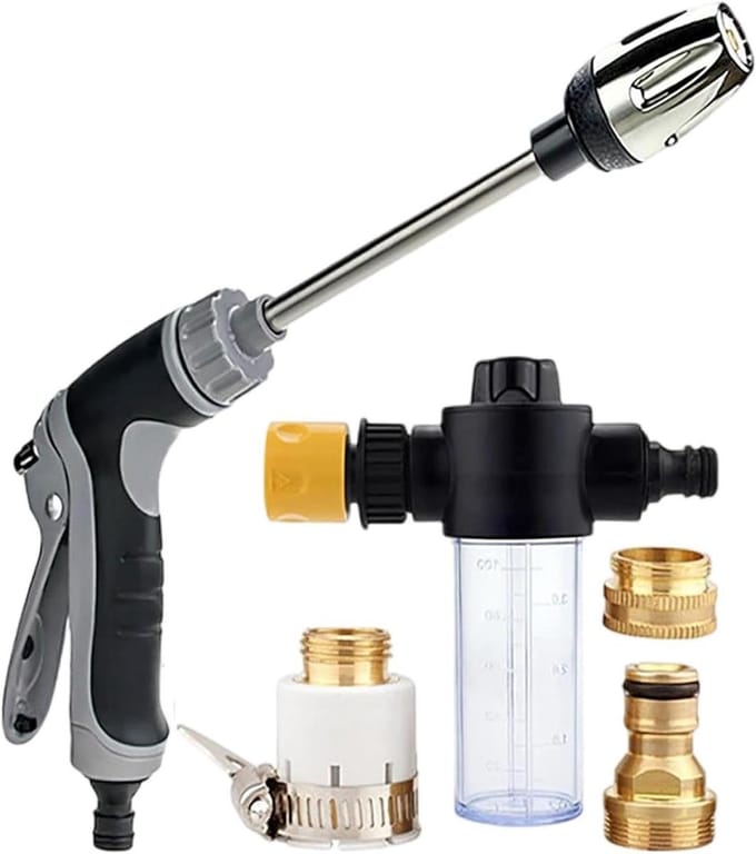 Hogedruk Sproeikop - Waterslang Accessoire - Buiten Reinigen - Verstelbare Krachtige Straal - 23.6 cm Lengte - Zilver