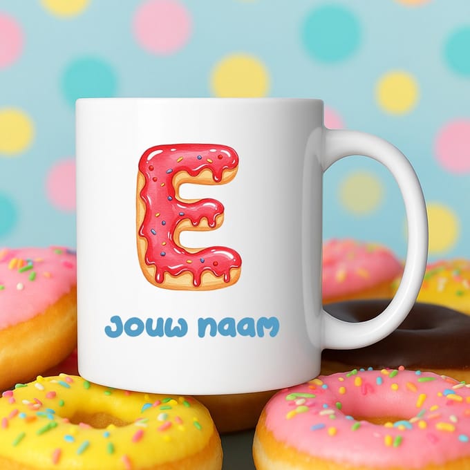 Mok - Donut letter E – Gepersonaliseerd met naam – Grappige Mokken