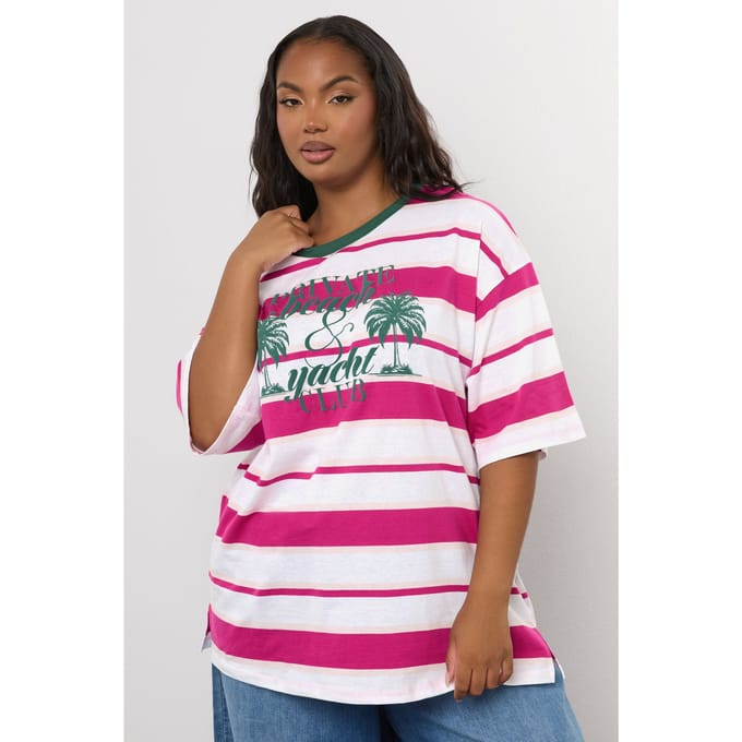Yours Gestreept Tshirt Met 'Beach Club' Slogan In Roze/Wit Size 44