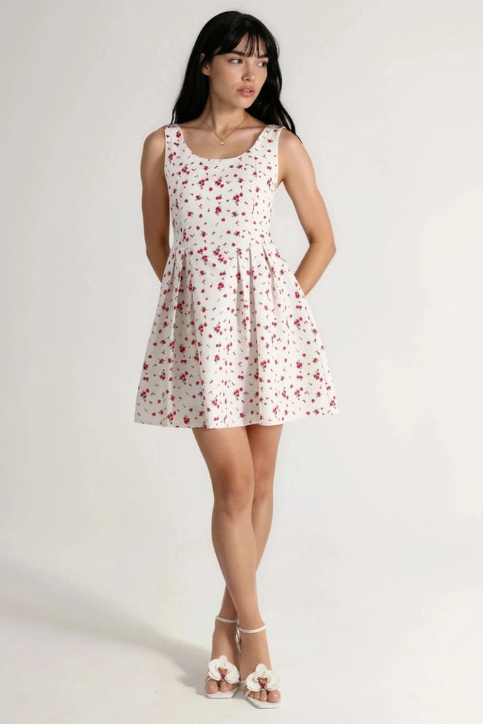 Floral A-Lijn Mini Jurk met Ronde Hals