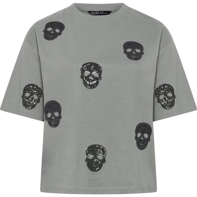 Limited Collection Grijs Tshirt Met Pailletten En Doodskopprint Size 48