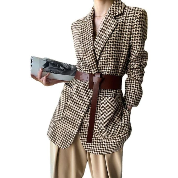 Blazer Dames Kort Herfst en Winter Nieuw Temperament Veelzijdig Geruit Wollen Jas Dames M black