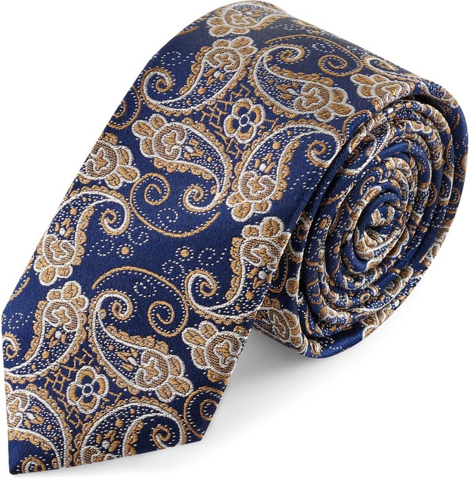 Zijden stropdas met blauw en goud paisleymotief | 6 cm