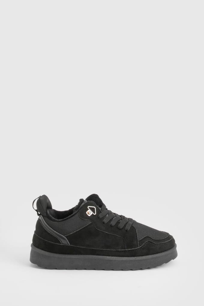 boohoo Dames Nepbont gevoerde lage sneakers | Black | Maat: 3