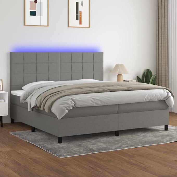 vidaXL - Boxspring - met - matras - en - LED - stof - donkergrijs - 200x200 - cm