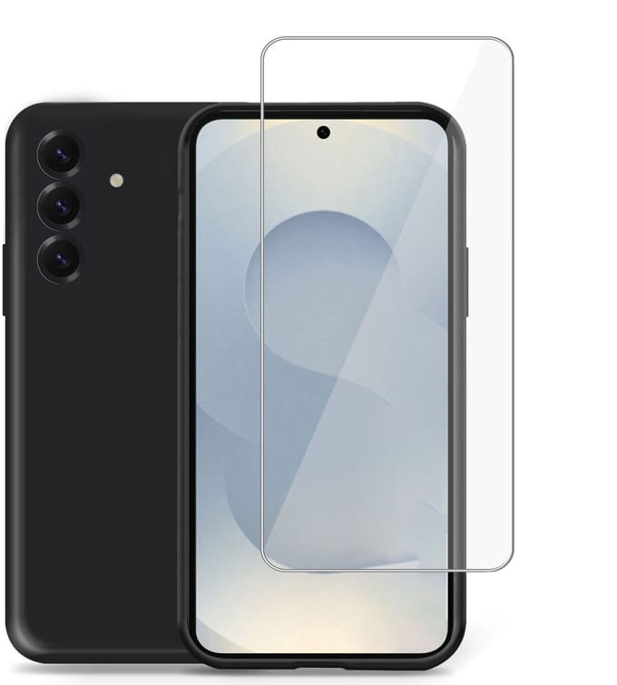 Technow hoesje + Screenprotector geschikt voor Samsung S25 Plus – Tempered Glass - Liquid Back Case Cover Zwart