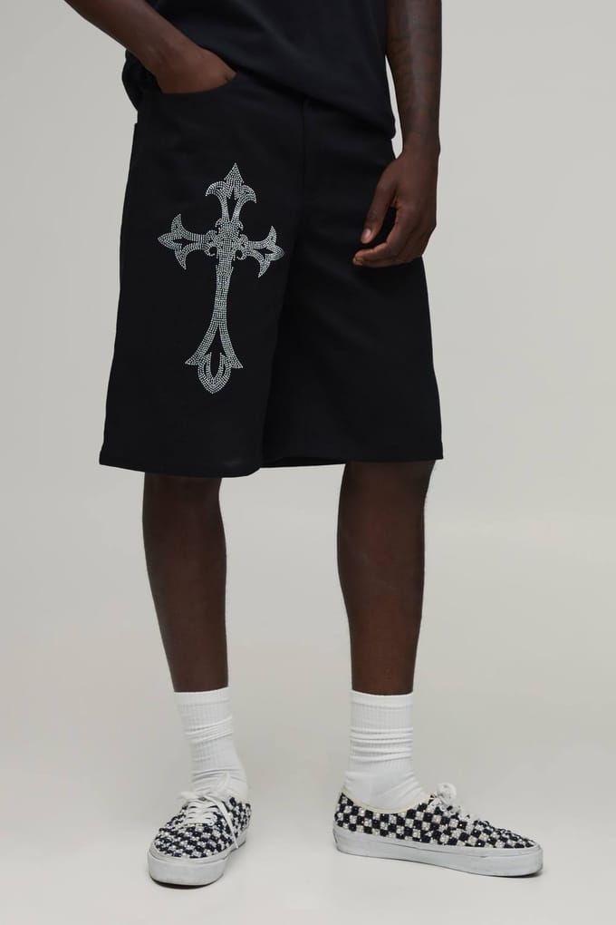 Ontspannen Pasvorm Middellange Short Met Strass Kruis | Black | Size 34