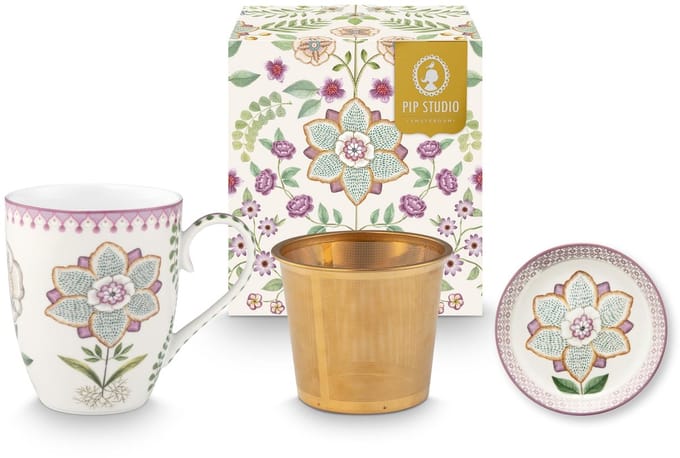 Pip Studio Theemok Set - Lily&Lotus - Mok met Theetip en Theezeef - Gebroken wit - 365ml