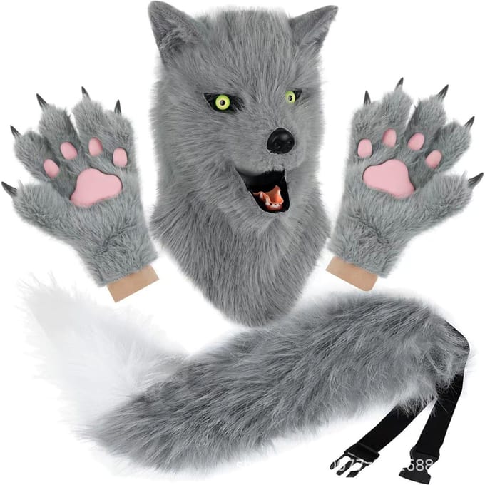 Ensemble tête d'animal en peluche, griffes et queue, accessoire de cosplay pour conventions d'anime. One size fits all adults gris