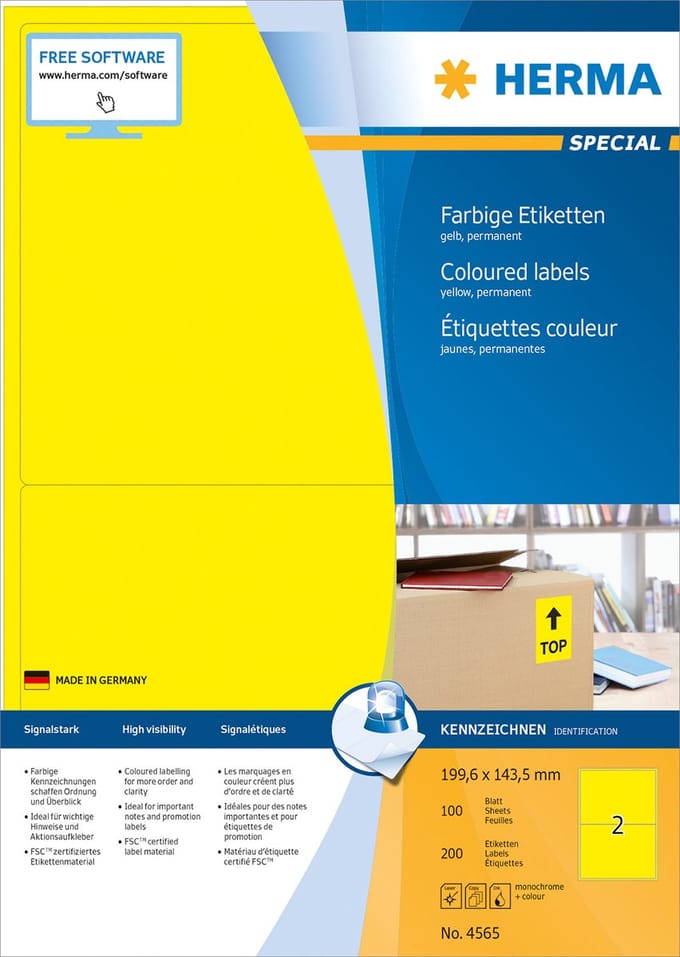 HERMA Coloured labels A4 199.6 x 143.5 mm Geel permanent adhesion