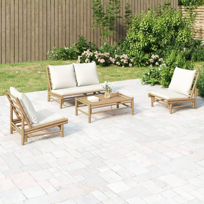 vidaXL - 4-delige - Loungeset - met - kussens - bamboe - crèmewit