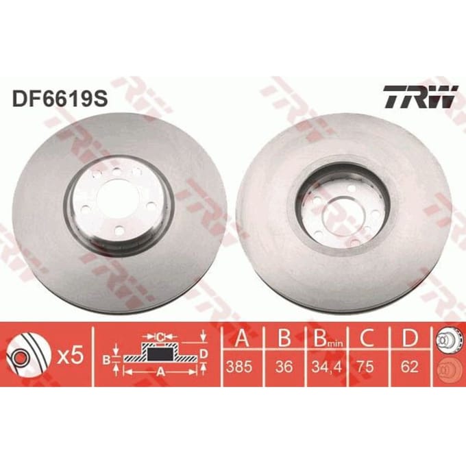 Remschijf TRW DF6619S voorkant, geventileerd, sterk gecarboniseerd, 1 Stuk
