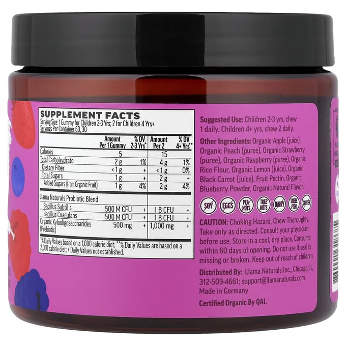 Llama Naturals, Kinderen, Prebiotisch & Probiotisch, Echt Fruit Gummy's, Gemengde Bes, 60 Gummy's