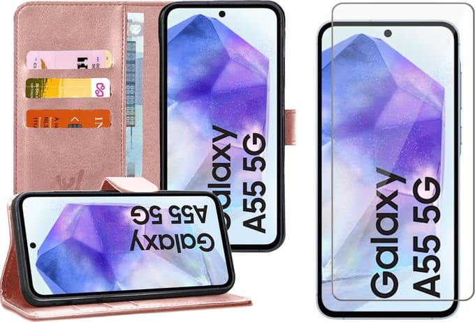 Hoesje geschikt voor Samsung Galaxy A55 - Screenprotector Glas - Portemonnee Book Case Rosegoud