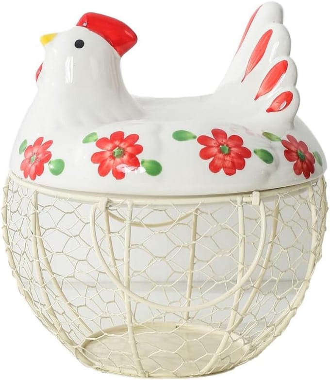 Decoratieve Eierhouder met Keramische Kip en Draadmand voor 20-25 Eieren
