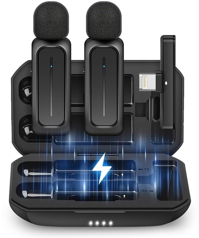 Gadgetplace Draadloze Microfoon Pro met Oplaadcase - Verbeterd model - Plug & Play - USB C/Lightning - Lavalier - Mini Bluetooth Dasspeld Microfoon