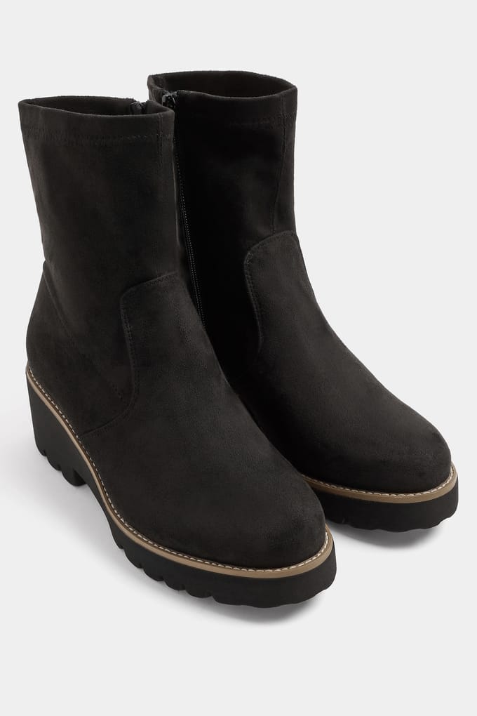 Yours Zwarte Stretch Wedgeboots Van Imitatiesuède In Brede Epasvormsize 37EEE