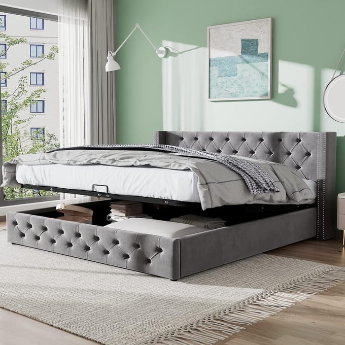 Gestoffeerd Bed met Opbergruimte en Lattenbodem, 140x200 cm, Grijs