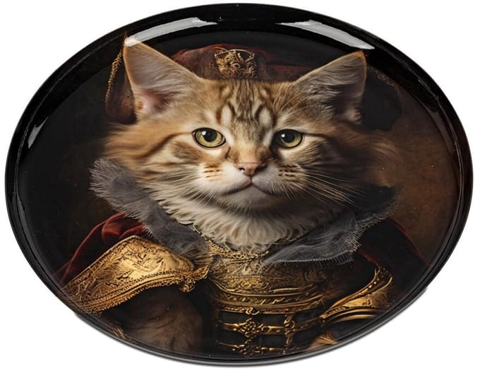 Schaal - Bord - Kat - Decoratie - Ø 28cm - Glans - Metaal - Hoogte 2 cm - Beschilderd.