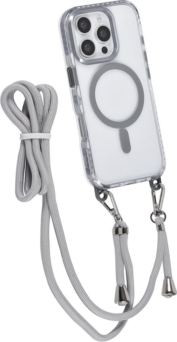 TUNIQ iPhone 16 Plus Hoesje met Koord - MagSafe Compatible - Grijs Transparant