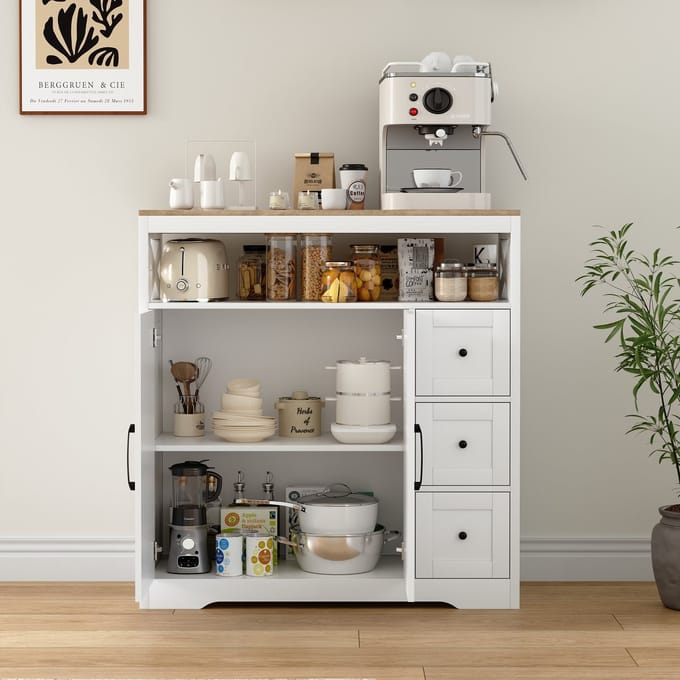 Anrichte mit 3 Schubladen und 2 Türen für Küche & Esszimmer, MDF, Weiß